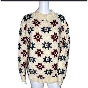 Woolrich Sweater Womens M Cream Red Green Fair Isle Button Mock Neck Vintage